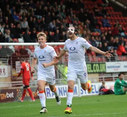 Danny Hylton celebrates with Cameron McGeehan after scoring the second goal