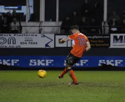 James Collins scores his second and Town`s fourth goal from the penalty spot