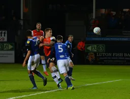 James Collins getting touch tight in the box with Jake Clarke-Salter and Maxime Colin