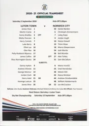 Programme: Luton Town FC vs Norwich City (5th Sep 2020)