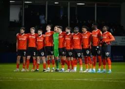 The Hatters line up ready to do battle with the Tykes at Kenilworth Road