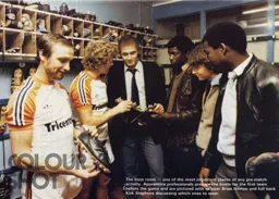 Brian Horton and Kirk Stephens in the boot room 1981