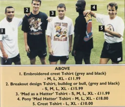 Kim Grant, Darren Patterson, Richard Harvey, Marvin Johnson and Bontcho Guentchev show off the clubs' new threads in the shop - 96-97 programme feature