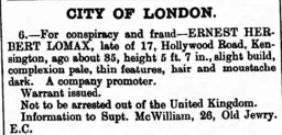 Ernest Lomax Arrest Warrant Police Gazzette 18th Feb 1898