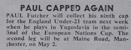 Paul Futcher England U21 Article 1978
